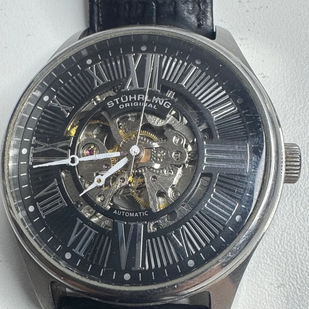Stührling Original Atrium 3942 Automatic Skeleton Watch Black Leather Strap